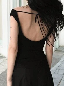 Women's Elegant Solid Color Off Shoulder Sleeveless T-Shirt, Summer - Black - View 3