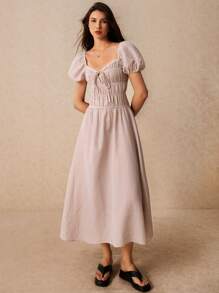 SHEIN Frenchy Vestido largo con estampado de cuadros, cordones y encaje, mangas abullonadas, escote de corazón, elegante y dulce, vestido de estilo Cottagecore, vestido Glow Mode, vestido de otoño, vestido elegante, vestido estilo Bridgerton, ropa bohemia de mujer - Caqui - Ver 4