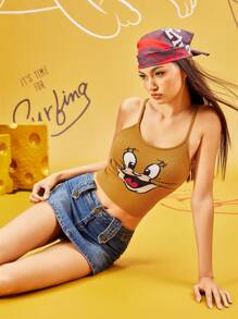 TOM & JERRY X SHEIN Women's Fall Cartoon Pattern Slim Fitted Yellow Y2k Crop Cami Knit Top