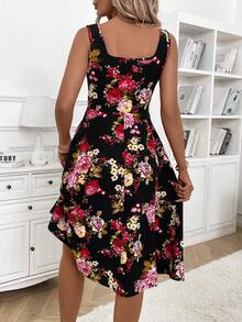 SHEIN Clasi Women's Floral Print Sleeveless Square Neck A-Line Dress - Black - View 2
