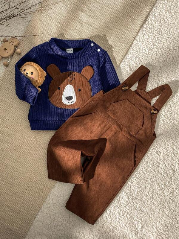 SHEIN Vintaside Kids 1 set pentru bebeluș băiețel, ocazional, stil simplu, top cu mânecă lungă și salopetă fără mâneci, set de ținute pentru toamnă/iarnă