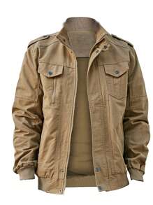 Manfinity Roughcore 男士军装风格工装夹克休闲风衣户外运动外套，外出长袖轻便夹克，适合朋友、丈夫、男朋友的礼物，男士休闲夹克，男士飞行员夹克，男士工装夹克，适合秋季 - 卡其色 - 查看 1