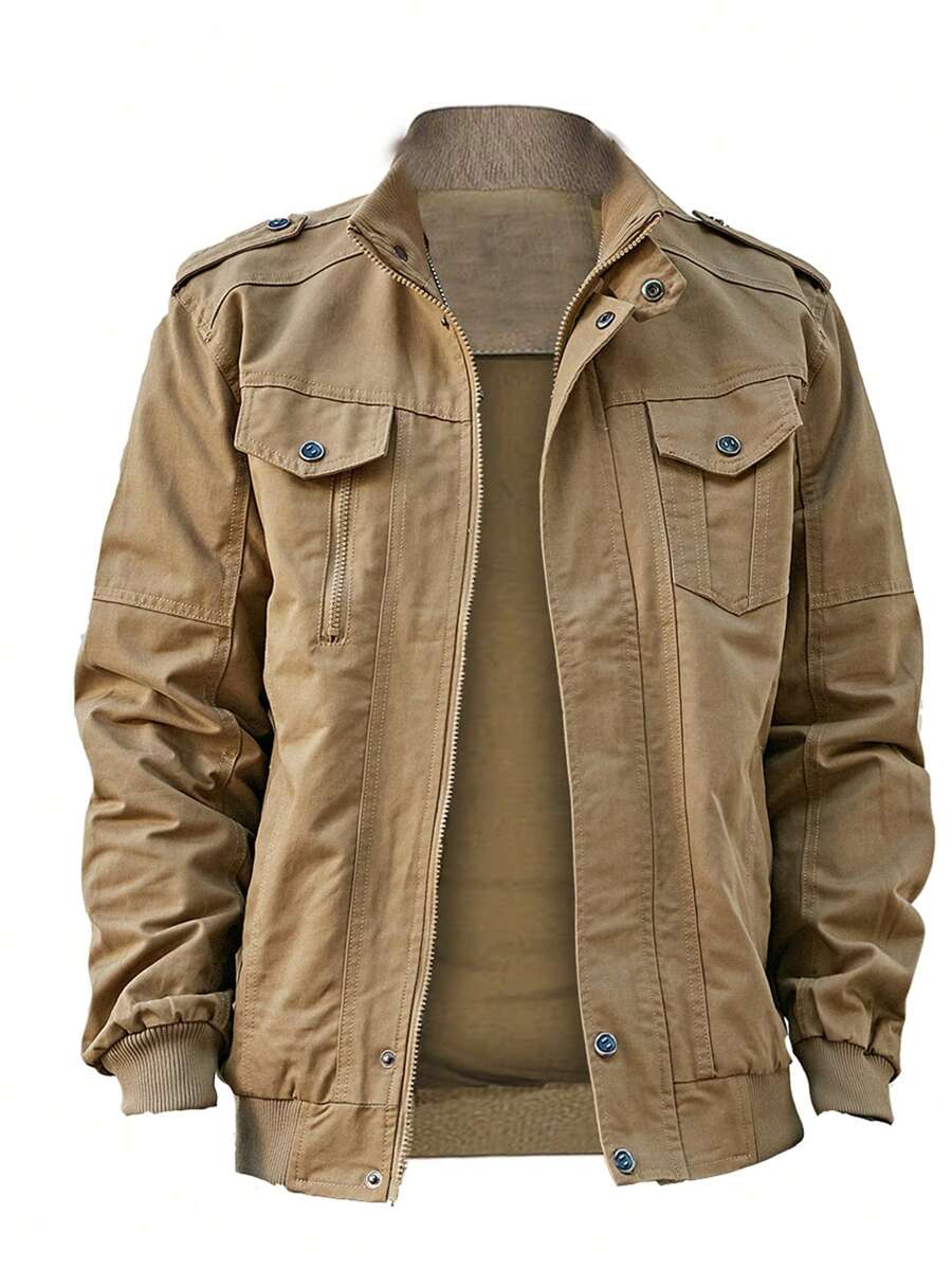 Manfinity Roughcore 男士军装风格工装夹克休闲风衣户外运动外套，外出长袖轻便夹克，适合朋友、丈夫、男朋友的礼物，男士休闲夹克，男士飞行员夹克，男士工装夹克，适合秋季 - 卡其色 - 查看 1