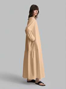 Ontre Women Spring & Autumn Solid Button Half Placket Long Sleeve Loose Straight Casual Dress - Khaki - View 10