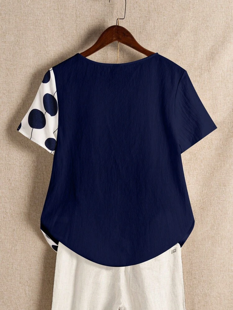 Women's Solid Color Polka Dot Print Patchwork Short Sleeve Blouse
