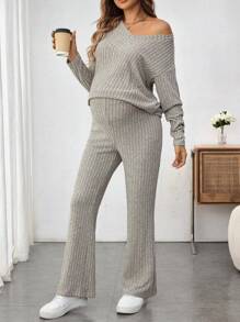 SHEIN 2 pièces/Set Blouse à manches longues col en V et pantalon unicolore, ensemble décontracté de maternité