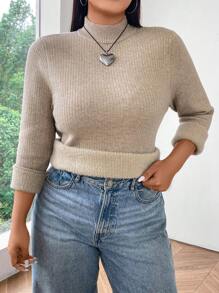 Flirla Plus Size Solid Stand Collar Casual Long Sleeve Sweater, Autumn/Winter