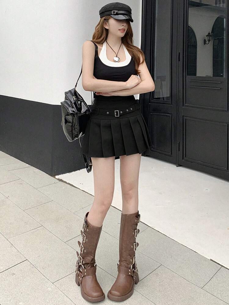 Women's Solid Color Elasticated Waist Pleated A-Line Skirt Fall Skirts