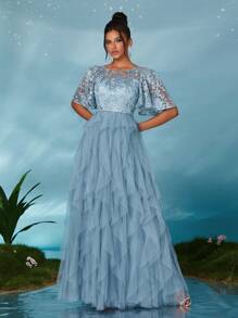 Mgiacy 圆领透明刺绣蕾丝中袖荷叶边下摆高端礼服，优雅伴娘礼服 - 淺藍色 - 查看 4