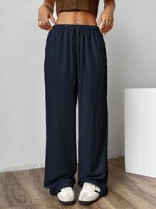 SHEIN EZwear Pantalones anchos de pernera ancha tejidos de color azul marino para mujeres - Azul Marino - Ver 5