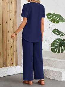 EMERY ROSE Women's Summer Short-Sleeved Shirt And Long Set - Navy Blue - View 2