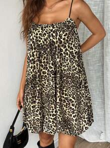 SHEIN EZwear Vestido de verano con volantes y tirantes de mujer con estampado de leopardo en línea A