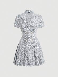 SHEIN MOD 黑白格子褶皱短袖连衣裙，翻领双排扣，秋冬女装，返校节连衣裙，修身连衣裙，商务休闲女装，教师连衣裙，外出连衣裙，办公室服装，返校，工作女装，，，韩国时尚，晚宴服装，文艺复兴博览会，老钱风格 - 黑與白 - 查看 1