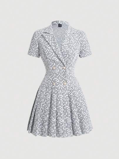 SHEIN MOD 黑白格子褶皱短袖连衣裙，翻领双排扣，秋冬女装，返校节连衣裙，修身连衣裙，商务休闲女装，教师连衣裙，外出连衣裙，办公室服装，返校，工作女装，，，韩国时尚，晚宴服装，文艺复兴博览会，老钱风格