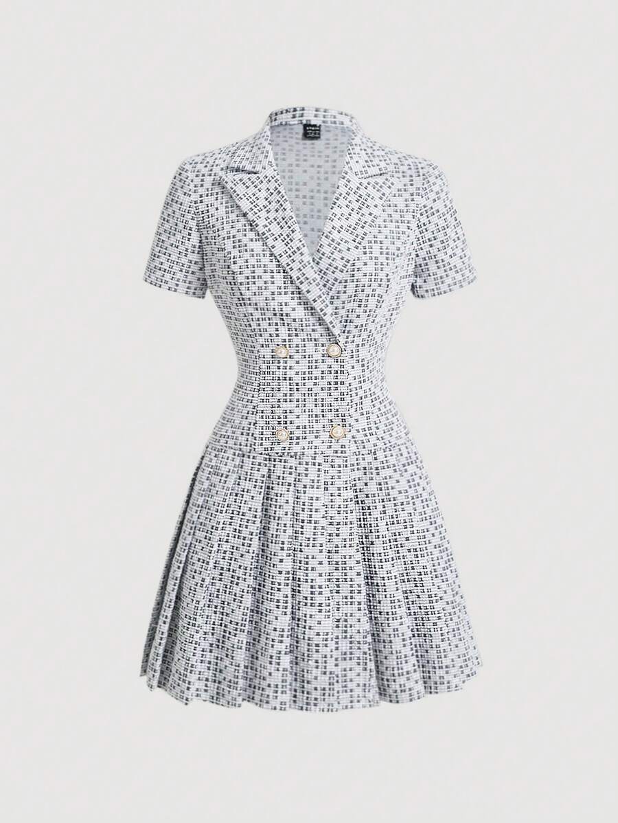 SHEIN MOD 黑白格子褶皱短袖连衣裙，翻领双排扣，秋冬女装，返校节连衣裙，修身连衣裙，商务休闲女装，教师连衣裙，外出连衣裙，办公室服装，返校，工作女装，，，韩国时尚，晚宴服装，文艺复兴博览会，老钱风格 - 黑與白 - 查看 1