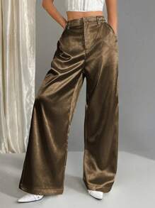 SHEIN Unity Women's Simple Front Button Pocket Casual Pants For Daily Wear - Brown - View 3