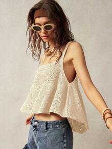 Bohemela Women's Solid Color Wide Strap Hollow Out Casual Knitted Top, Resort Wear - Apricot - View 7
