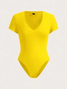 Slaydiva Casual Deep V Plunging Neckline Bodysuit - Grey