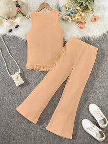 Conjunto de 2 piezas de top de tirantes con borlas y pantalones largos cómodos para adolescentes - Naranja - Ver 2