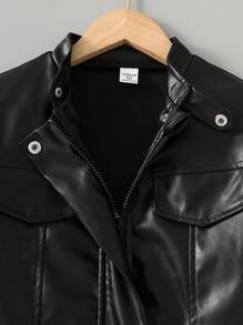SHEIN 青少年男孩时尚 PU 皮夹克，秋冬款，适合万圣节派对 - 黑色 - 查看 6