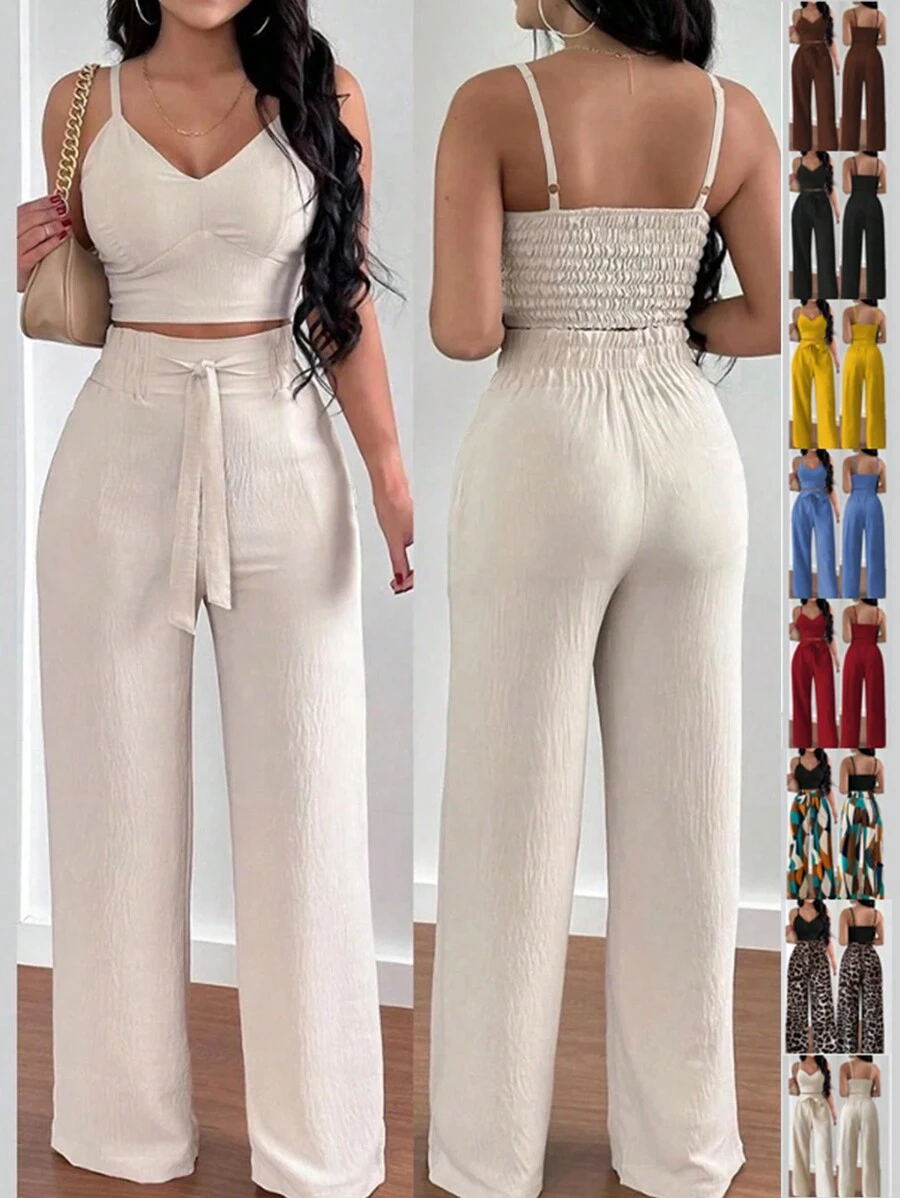 Breezaya 女式蝴蝶結推杯文胸加肩帶上衣，彈性直筒褲，假日兩件套裝 - 杏色 - 查看 1