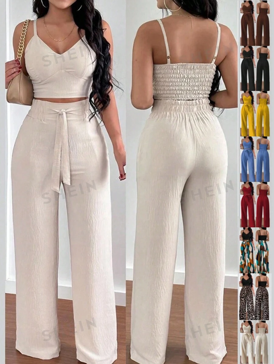 Breezaya Conjunto de dos piezas para vacaciones de mujer con sujetador push-up con copas y correa con lazo, pantalones rectos elásticos