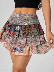SHEIN PETITE Váy mini xếp tầng cho ngày lễ dành cho nữ, họa tiết Paisley, váy ngắn - Nhiều màu - Xem 6