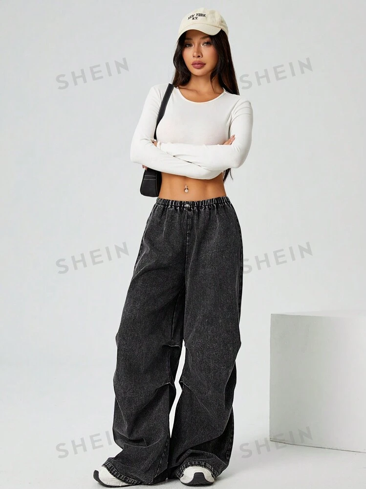 SHEIN PETITE Fashionable Street Style Fried Snowflake Woven Trousers Pleated Trousers Are Suitable For Spring And Summer Wear