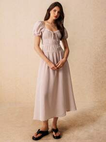 SHEIN Frenchy Vestido largo con estampado de cuadros, cordones y encaje, mangas abullonadas, escote de corazón, elegante y dulce, vestido de estilo Cottagecore, vestido Glow Mode, vestido de otoño, vestido elegante, vestido estilo Bridgerton, ropa bohemia de mujer - Caqui - Ver 6