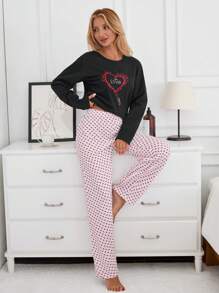 EURMUSE Cotton 2Pcs Contrast Colour Heart Printed PJ Set - Black - View 6