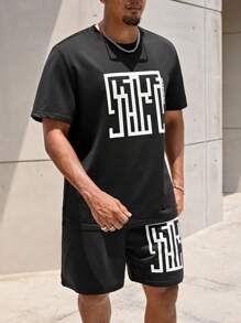 Manfinity CasualMax 2 chiếc áo thun nam tay ngắn cổ tròn in hình học cỡ lớn và quần short, mùa hè - màu đen - Xem 5