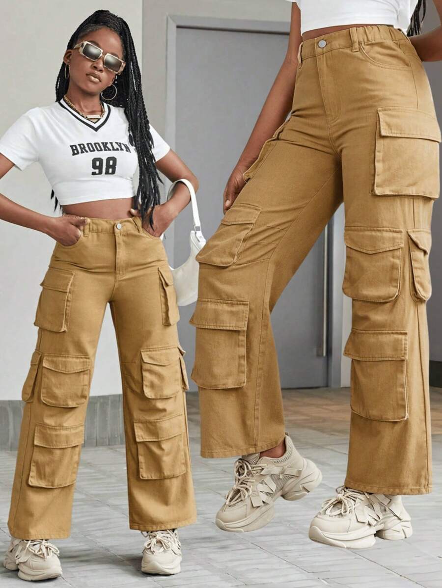 SHEIN Explorewe Quần dài denim kaki dành cho nữ tuổi teen, thiết kế nhiều túi - Màu Khaki - Xem 1