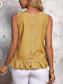 SHEIN LUNE 女式夏季无袖牛仔衬衫，后背带纽扣，下摆有褶边