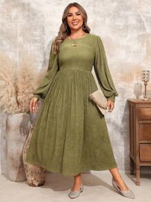 EMERY ROSE Plus Size Solid Color Lantern Sleeve Casual Vacation Dress,Fall Clothes - Army Green - View 1