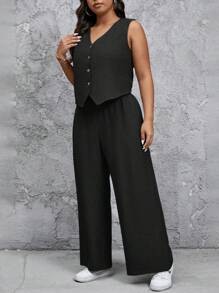 SHEIN Frenchy 2pcs Plus Size V-Neck Sleeveless Vest And Straight Leg Casual Pants Set