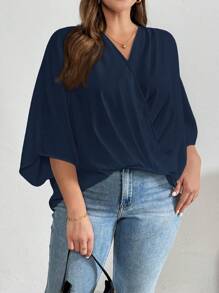 SHEIN Essnce 大码女士夏装夏季上衣时尚休闲通勤优雅工作交叉裹身 V 领斗篷 7 分袖宽松上衣衬衫 - 藏蓝色 - 查看 6