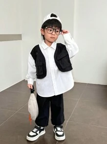 SHEIN 2 件装年轻男孩休闲运动连帽背心，配有实用口袋和正装衬衫，搭配编织工装裤套装，适合返校装、学校装、日常装、节日派对、秋冬季，羊毛，加厚 - 黑與白 - 查看 5