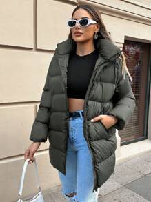SHEIN Cottnline 斜口袋拉鏈開襟連帽麵包服 - 橄欖綠 - 查看 1
