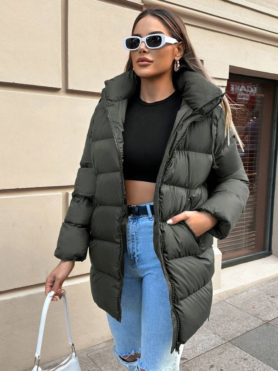 SHEIN Cottnline 斜口袋拉鏈開襟連帽麵包服 - 橄欖綠 - 查看 1