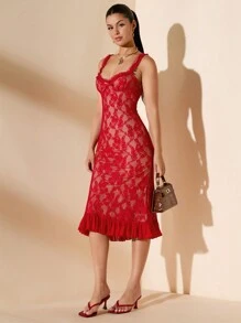 SHEIN BAE Women's Sexy & Elegant Crew Neck Bodycon See-Through Lace Dress