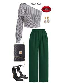SHEIN Clasi Women's Solid Color Tapered Casual Office Pants In Fall/Winter - Dark Green - View 8
