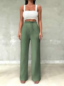 SHEIN Women's Casual Pants With Solid Color Drawstring Waist And Loose Fit With Slant Pockets