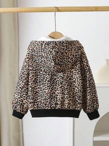 Young Girl Leopard Print Thermal Lined Hooded Letter Applique Casual Jacket