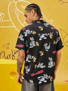 TOM & JERRY X SHEIN Men's Casual Loose Woven Cat & Mouse Logo Print Black Short Sleeve Shirt - Black - View 2