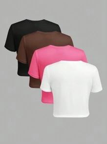 SHEIN 3pcs/Set Tween Girls Crew Neck Solid Color Comfy Short Sleeve T-Shirts - Hot Pink - View 2