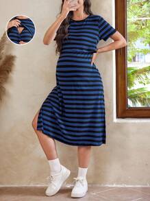 SHEIN 孕妇海军蓝花卉印花宽松哺乳连衣裙，适合孕妇，春季 - 藏蓝色 - 查看 1