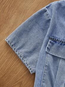 Tween Girl Casual Street Flat Pockets Half Button Front Crop Top - Medium Wash - View 5