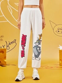 TOM & JERRY X SHEIN Women's Casual Cartoon & Letter Print Elastic Waist Jogger Sweatpants FALL Trousers White - White - View 9