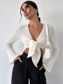 SHEIN Privé Women's Front-Tie Casual Cardigan - Apricot - View 3