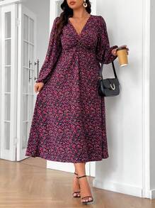 SHEIN Frenchy Abito casual floreale con maniche a lanterna, taglia curvy, adatto per la primavera e l'autunno, abiti da donna eleganti per l'estate
